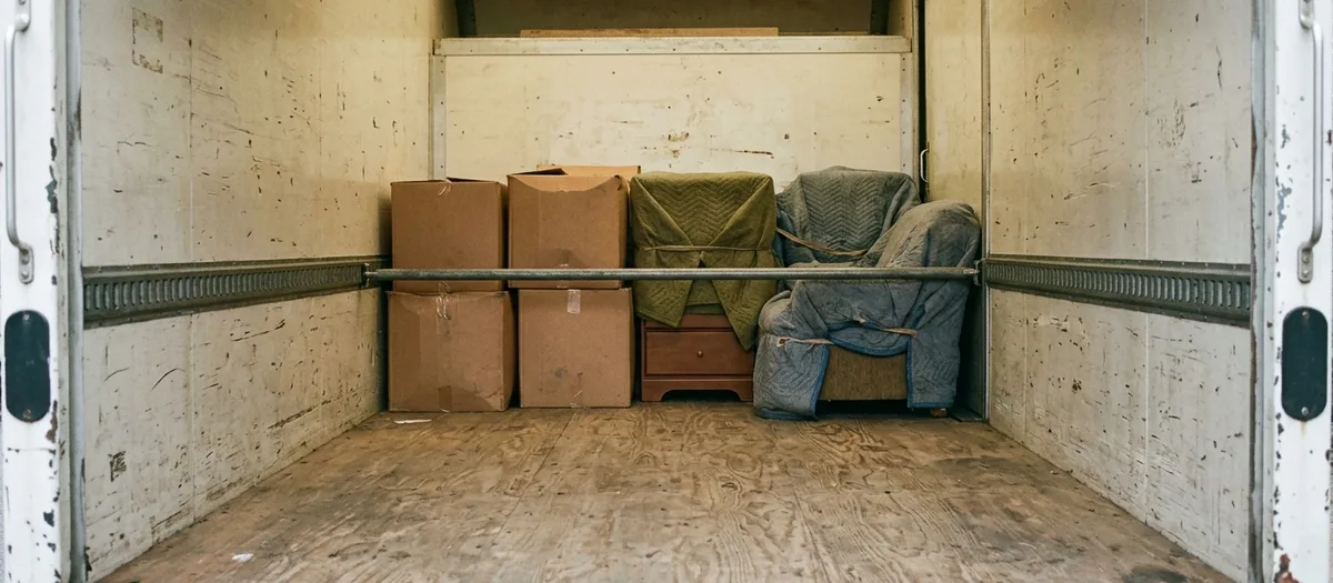 Teilweise beladener Laderaum eines Kofferwagens, Kartons und zwei verpackte Möbelstücke in der vorderen Hälfte hinter einer Sperrstange, die hintere Hälfte frei
