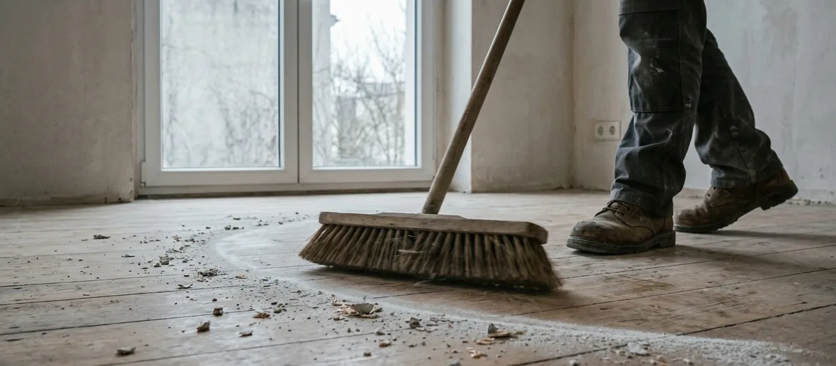 Breiter Besen schiebt Staub und Putzreste über die Dielen eines leeren Zimmers, der Mitarbeiter nur von den Knien abwärts im Bild
