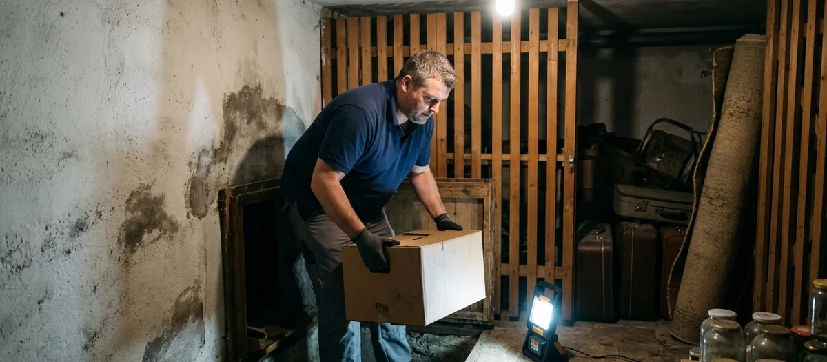 Ein Mitarbeiter hebt eine alte Kiste aus einem Kellerverschlag mit Holzlattung, beleuchtet von einer Arbeitsleuchte, daneben Koffer und ein gerollter Teppich