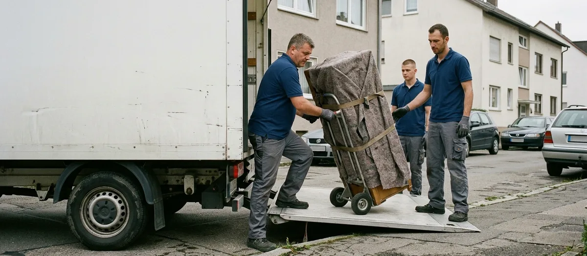 Ein Träger rollt einen in Decken geschlagenen Schrank auf einer Sackkarre über die abgesenkte Ladebordwand in den Kofferwagen